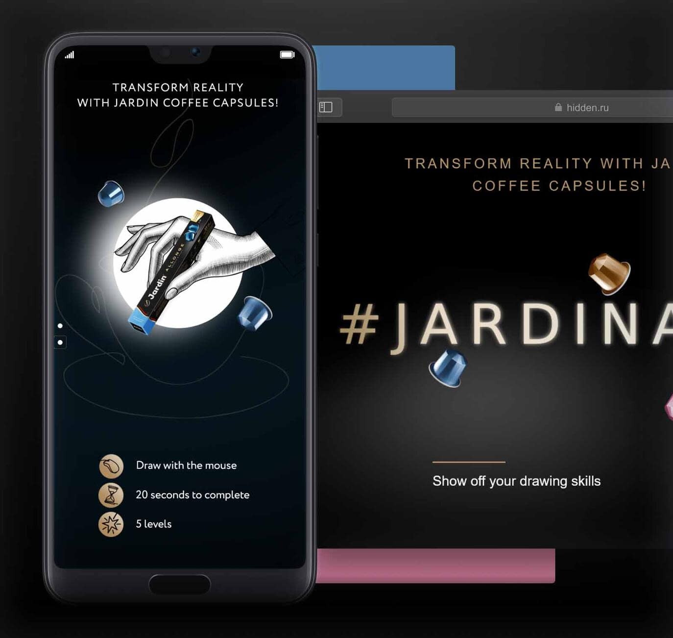 Initially, the user lands on a screen with a choice of capsules: Greenfield tea or Jardin coffee, along with a pop-up for entering contact details (without which the game cannot be started).