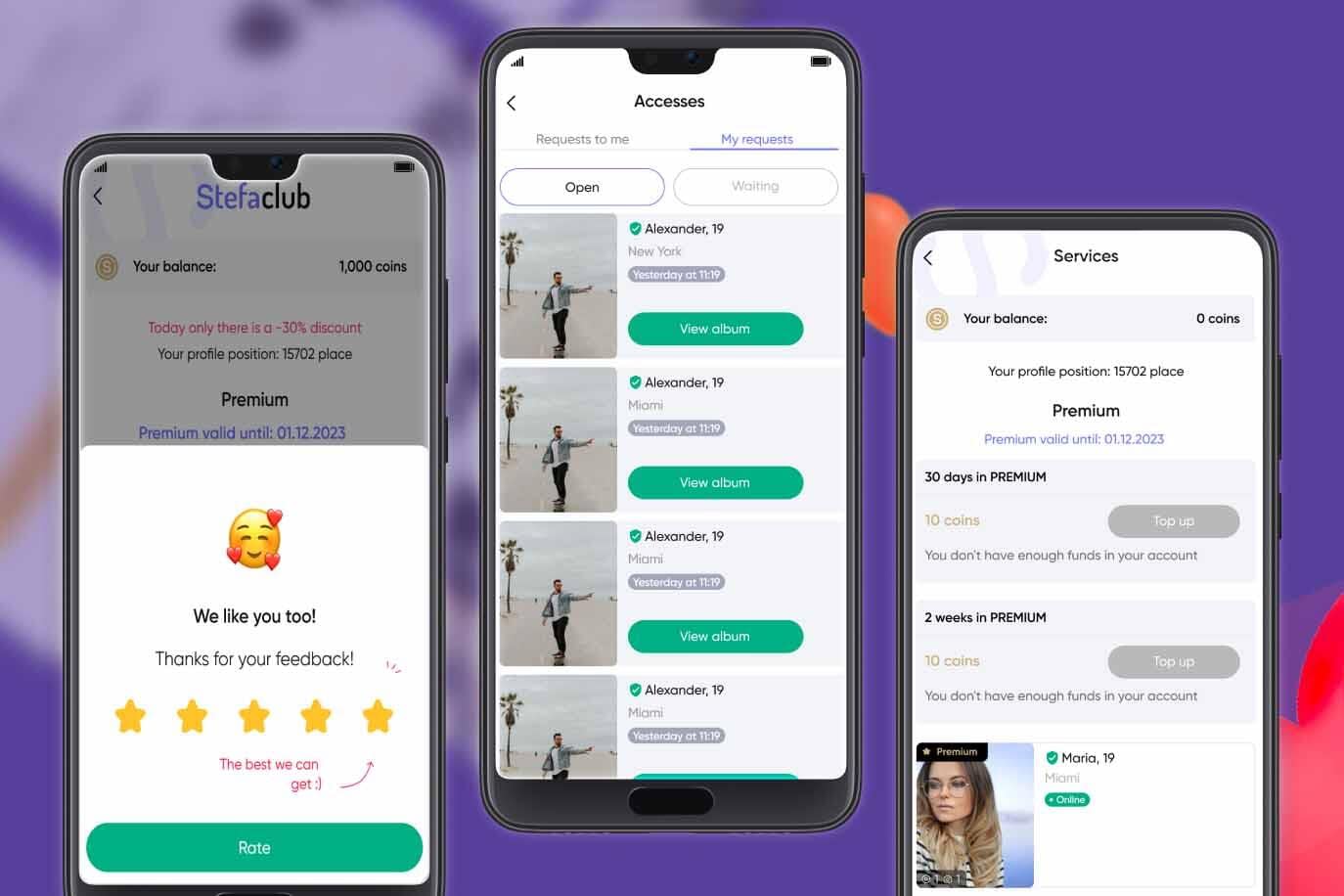 Screens: Reviews, Accesses, Services