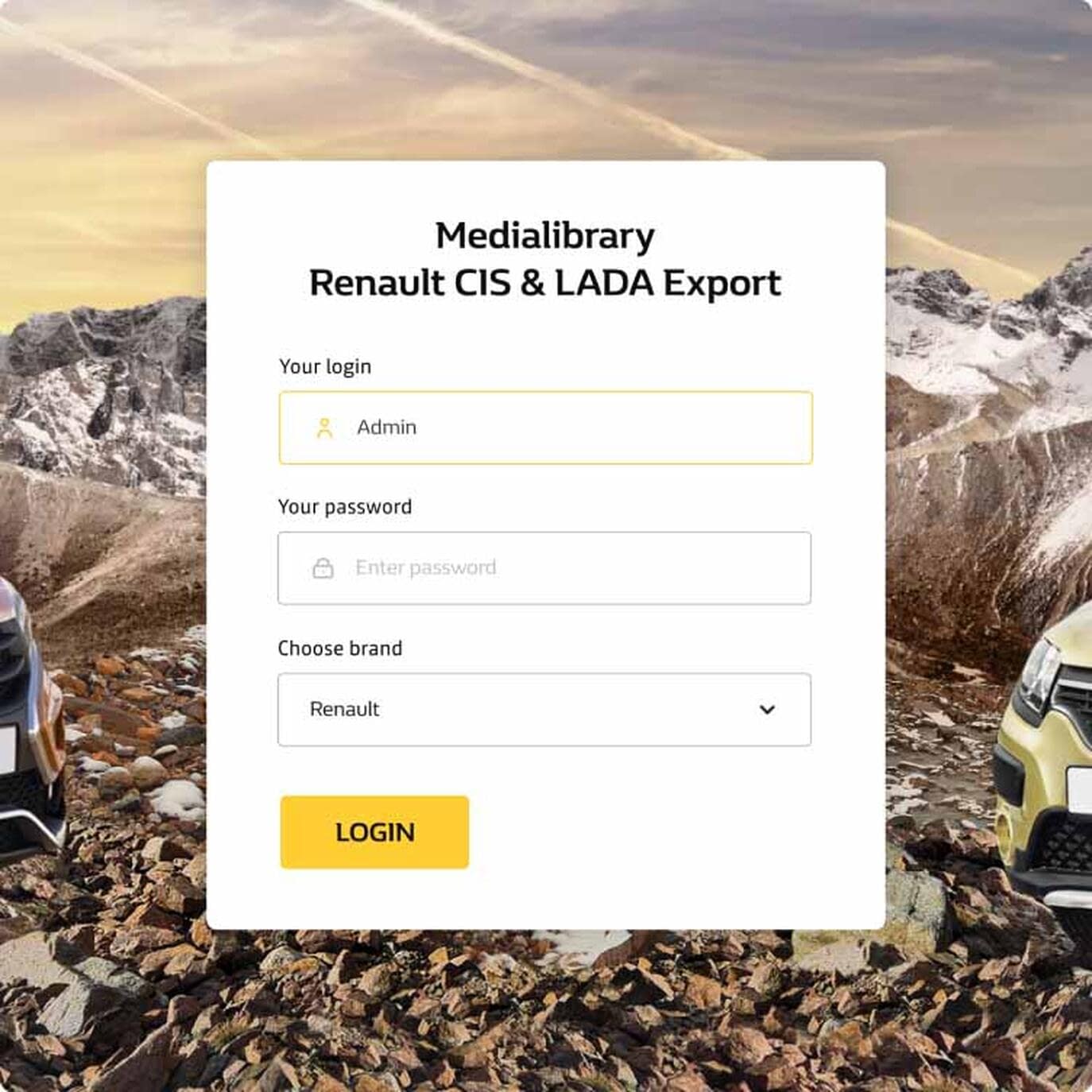 A user-friendly login window with a background image, company logos, and fields for entering login and password, along 
with a dropdown menu to select the company (Renault, Lada).