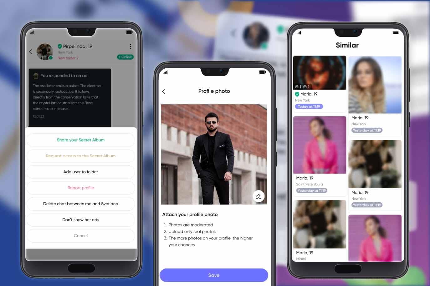 Screens: Chats, Profiles, Grids