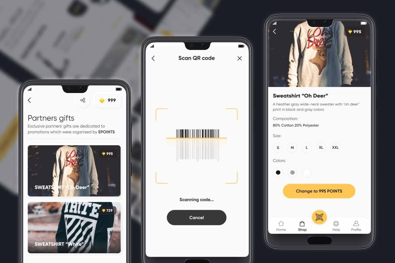 Screens: Gifts, Scan, Merch page